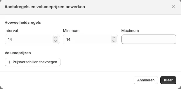 Volumeprijzen en aantalsregels configuratie per catalogus