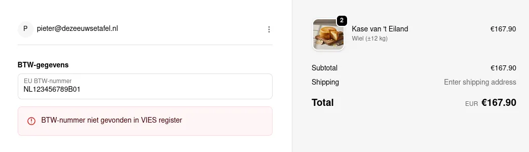 Checkout met ongeldige BTW-validatie foutmelding