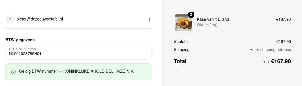 Checkout met geldig BTW-nummer bevestiging