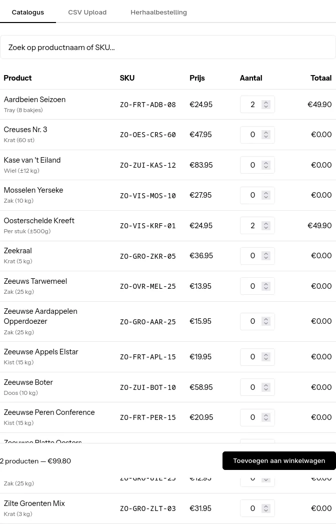 Bulk bestelformulier met productzoeker, SKU en hoeveelheid
